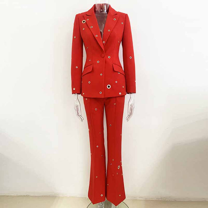 Women One Button Pantsuit Fitted Blazer + Flare Long Trousers Suit Pants Suit