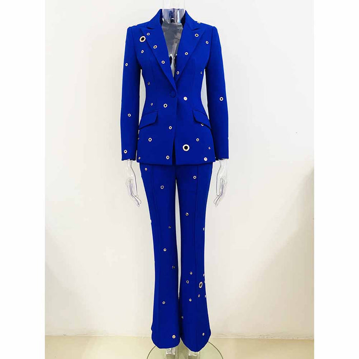 Women One Button Pantsuit Fitted Blazer + Flare Long Trousers Suit Pants Suit