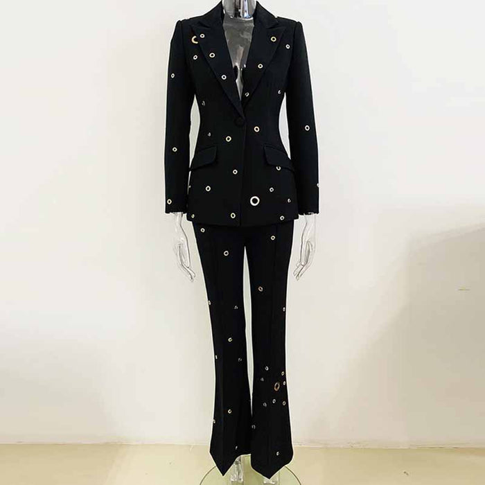 Women One Button Pantsuit Fitted Blazer + Flare Long Trousers Suit Pants Suit