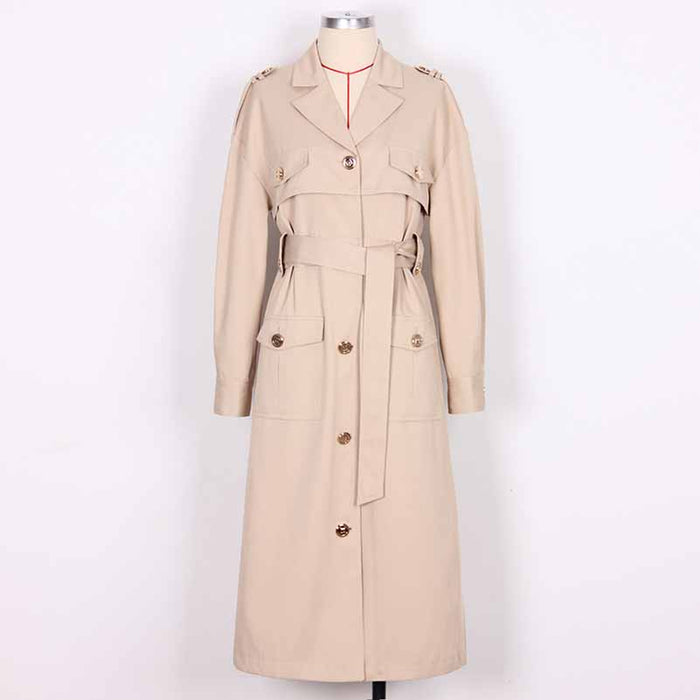 Women over-sized cotton-blend trench-coats belted twill wind coat