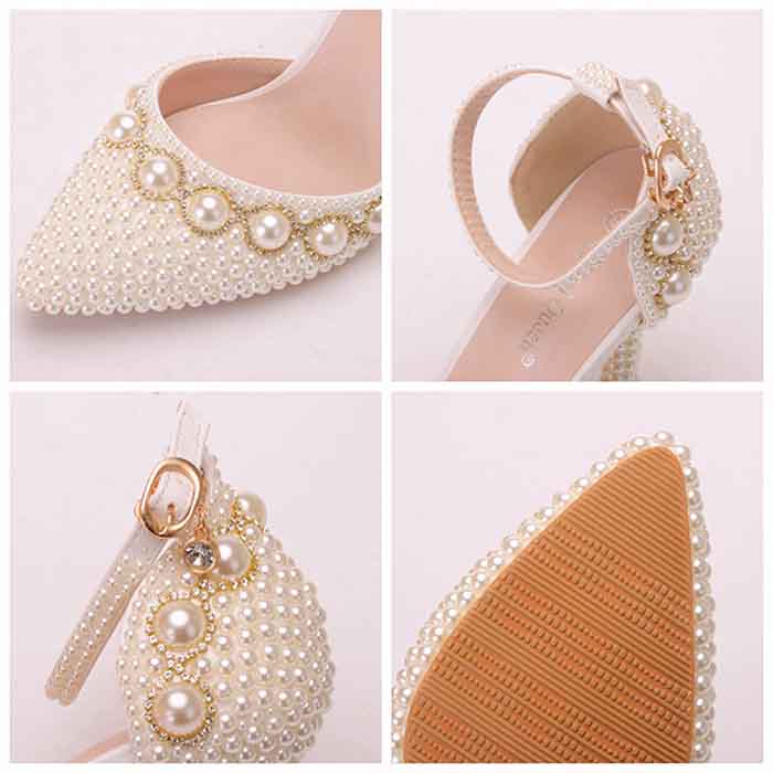 Women Pearl Studded Wedding Heels Medium Heel Bridal Wedding Party Shoes