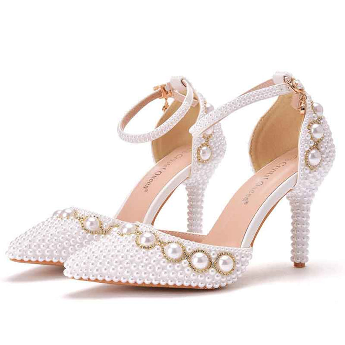 Women Pearl Studded Wedding Heels Medium Heel Bridal Wedding Party Shoes