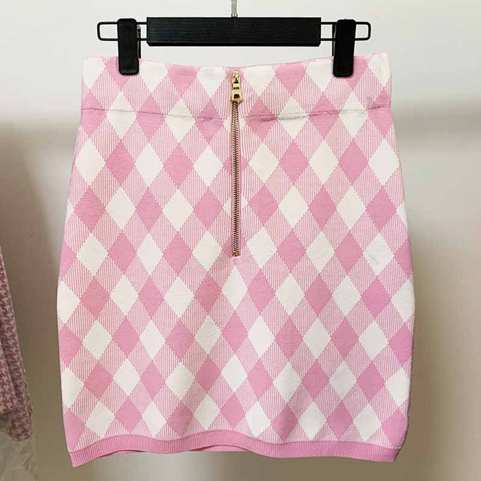 Women Pink Houndstooth Check Skirt Tweed Skirt Stretchy High Waisted Short Skirt
