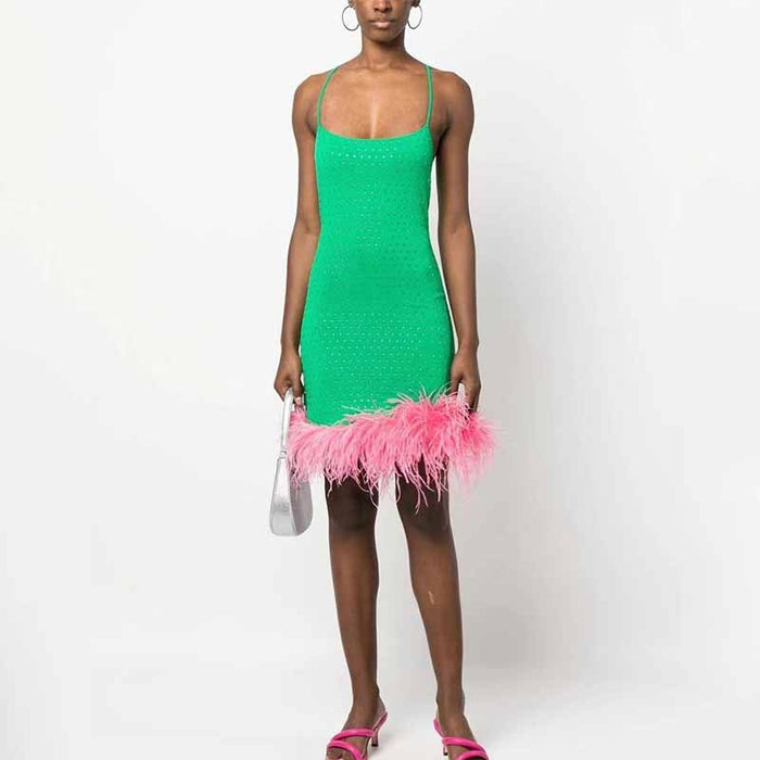 Women Pink Ostrichfeather Trimmed Mini Green Dress
