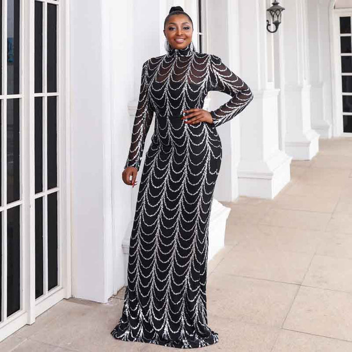 Women Plus Size Black Sequin Evening Dresses Long Formal Maxi Dresses