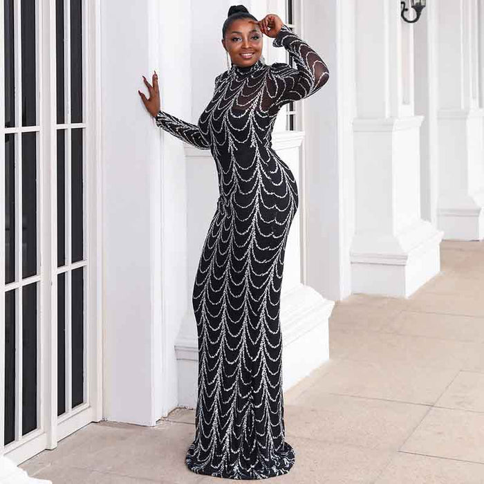 Women Plus Size Black Sequin Evening Dresses Long Formal Maxi Dresses