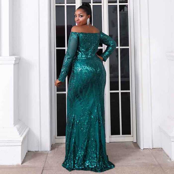 Women Plus Size Green Sequin Prom Dress Evening Maxi Dresses for Weddings