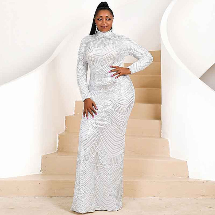Women Plus Size Long Sleeve White Sequin Gown Female Maxi Elegant Dress