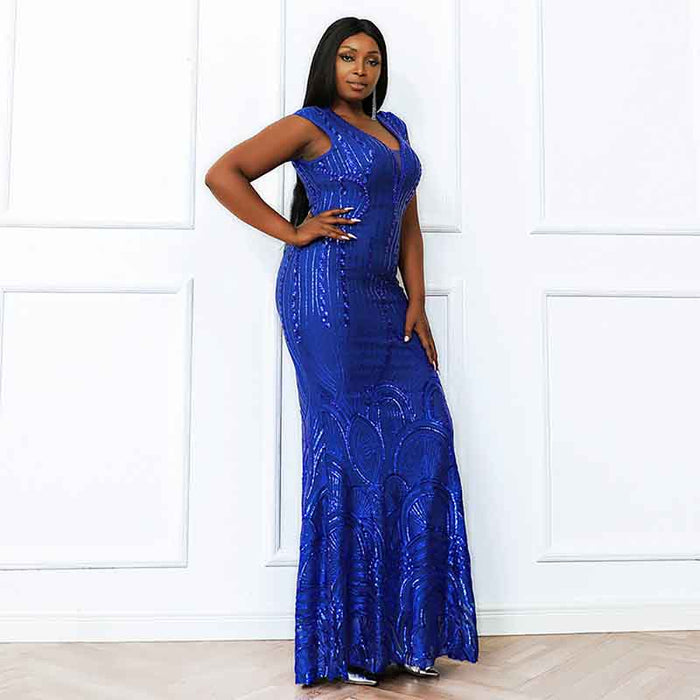 Women Plus Size Prom Floor Length Sequin Royal Blue Wedding Evening Party Maxi Dress