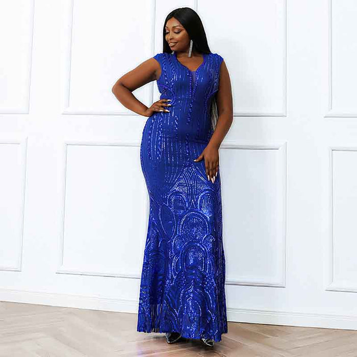 Women Plus Size Prom Floor Length Sequin Royal Blue Wedding Evening Party Maxi Dress