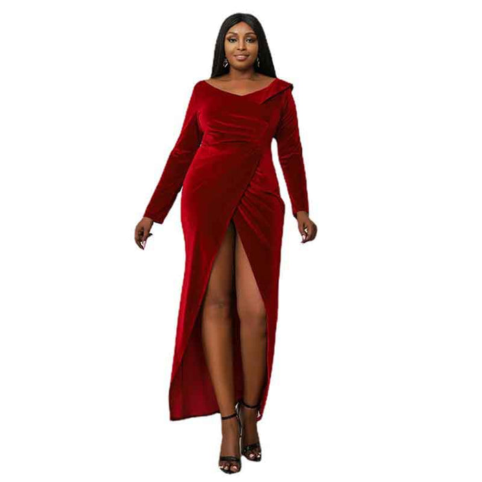 Women Plus Size Red Velvet Prom Long Sleeves Maxi Evening Dress