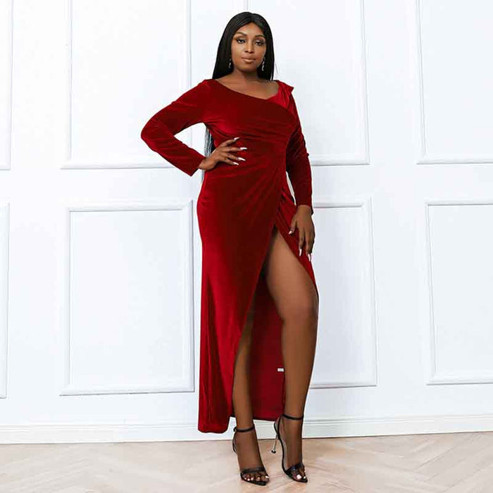 Women Plus Size Red Velvet Prom Long Sleeves Maxi Evening Dress