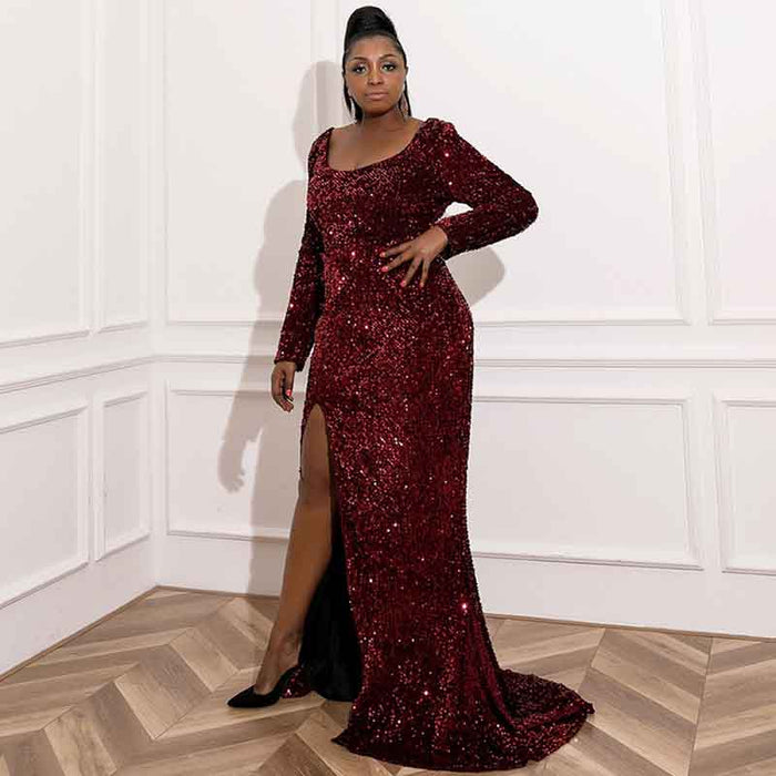 Women Plus Size Wine Red Prom Mermaid Gowns High Split Sequin Prom