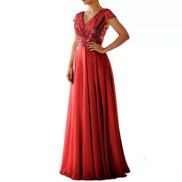 Women Prom Gowns V Neck Short Sleeve Long Prom Dress