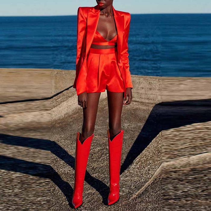 Women Red Bra+ Blazer + Red Shorts 3 Pieces Suit