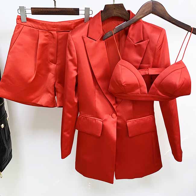 Women Red Bra+ Blazer + Red Shorts 3 Pieces Suit
