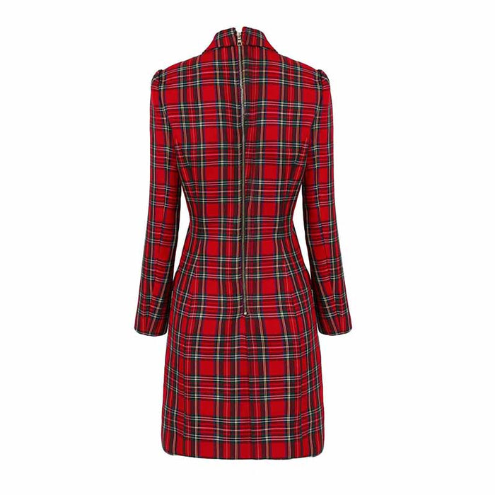 Women Red Plaid Short Double Breasted Mini Dress