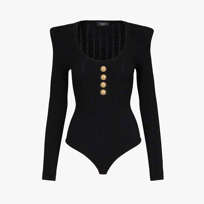 Women Ribbed Black Long Sleeve Bodysuit Tops One Piece Bodycon Jumpsuit