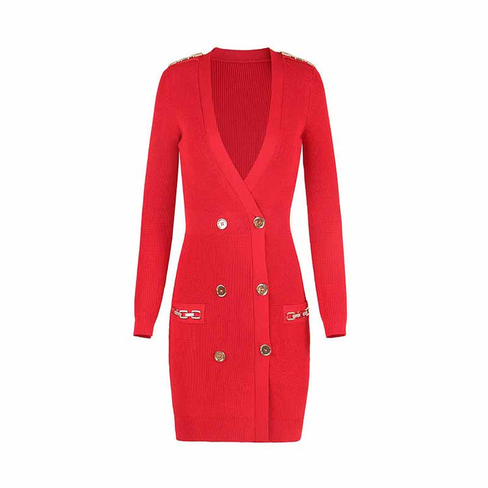Women Ribbed-knit Red Minidress Short-sleeve Dress V-neck Cockail Dress