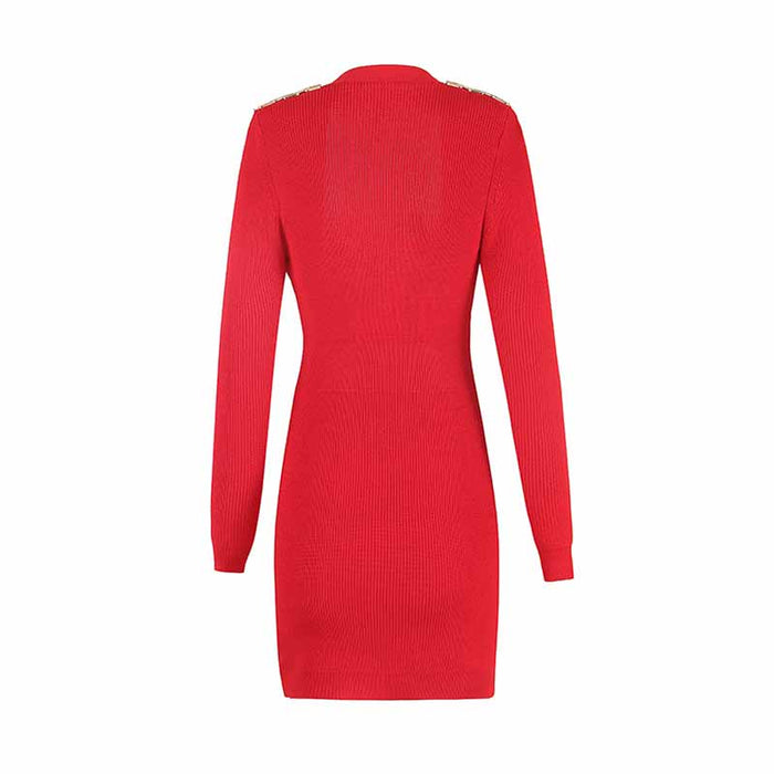 Women Ribbed-knit Red Minidress Short-sleeve Dress V-neck Cockail Dress