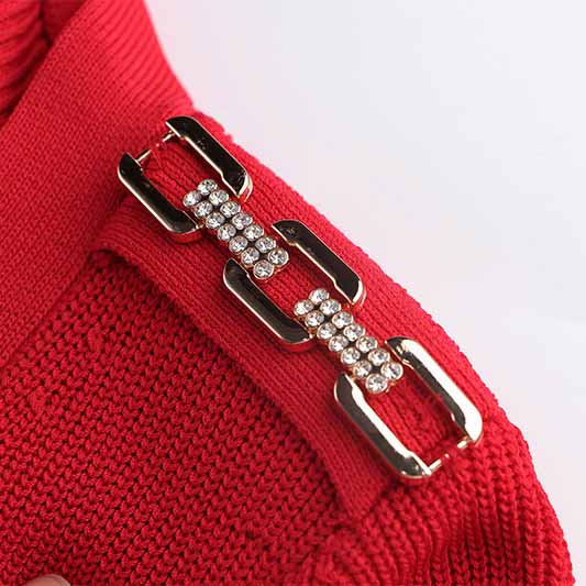 Women Ribbed-knit Red Minidress Short-sleeve Dress V-neck Cockail Dress