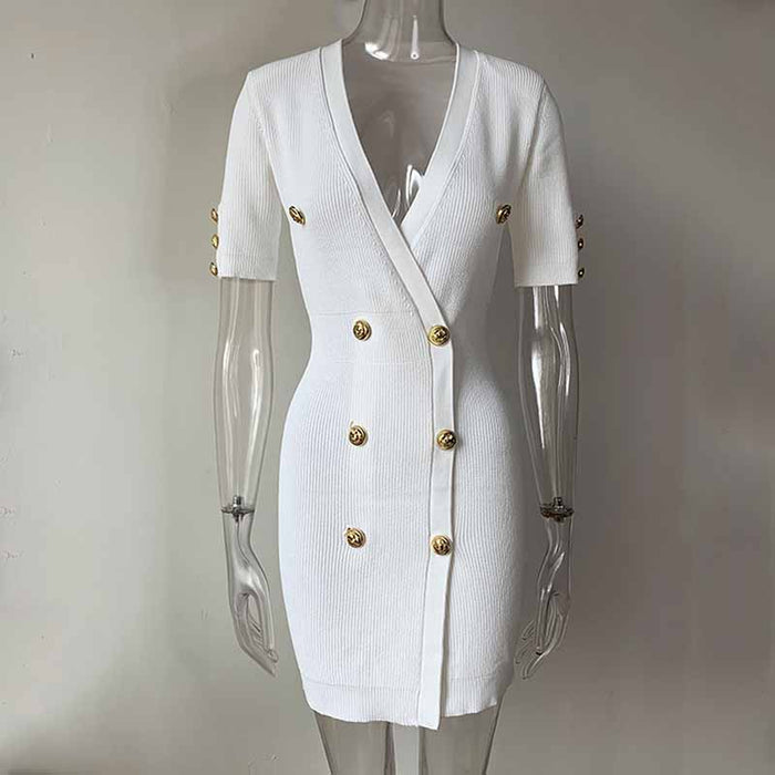 Women Ribbed-knit Short-sleeve Dress V-neck Minidress Cockail Dress