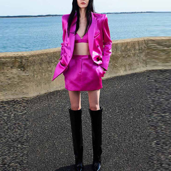Women Rose Bra+ Blazer + Rose Skirt 3 Pieces Set Short Skirt Suits