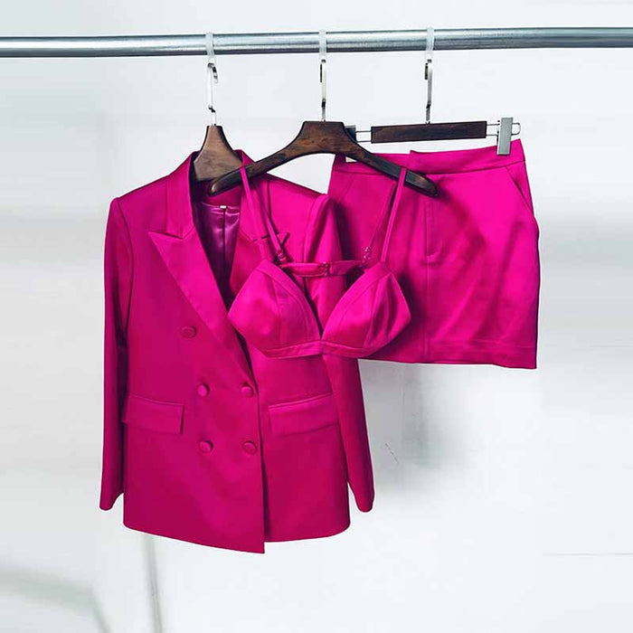 Women Rose Bra+ Blazer + Rose Skirt 3 Pieces Set Short Skirt Suits