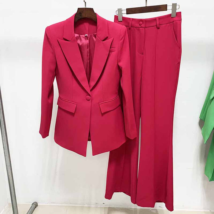 Women Rose Pink Blazer + Flare Trousers Suit Two Piece Pantsuits