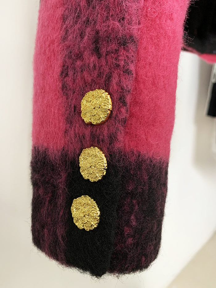 Women Round Neck Short Gold Buttons Woolen Jacket Pink Plaid Coat