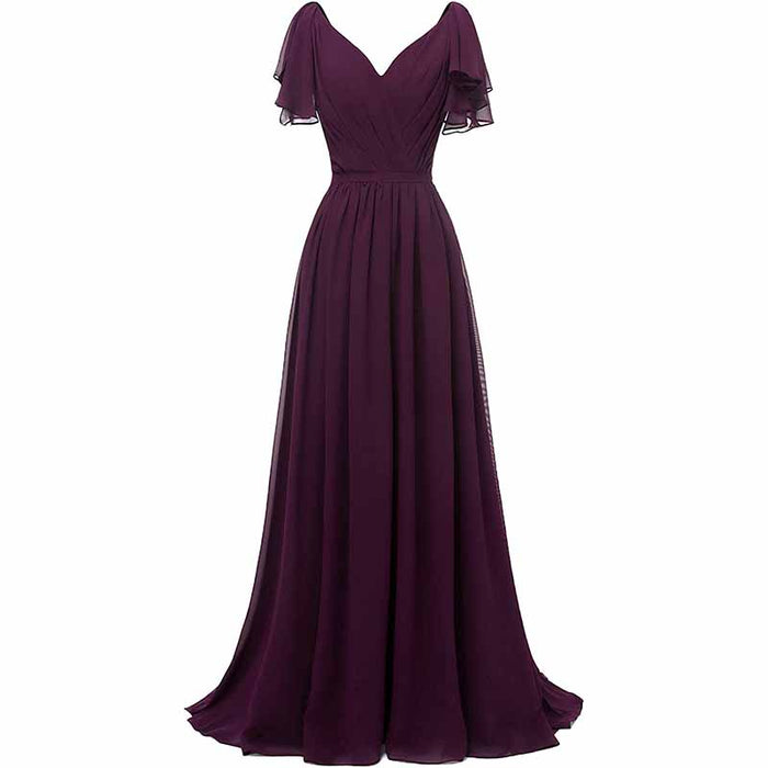 Women Ruffle Sleeves Bridesmaid Dress Chiffon Long Formal Wedding Evening Gowns
