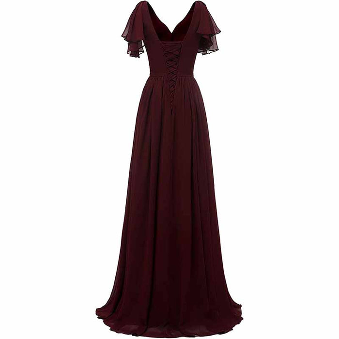 Women Ruffle Sleeves Bridesmaid Dress Chiffon Long Formal Wedding Evening Gowns