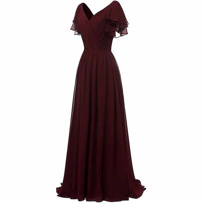 Women Ruffle Sleeves Bridesmaid Dress Chiffon Long Formal Wedding Evening Gowns