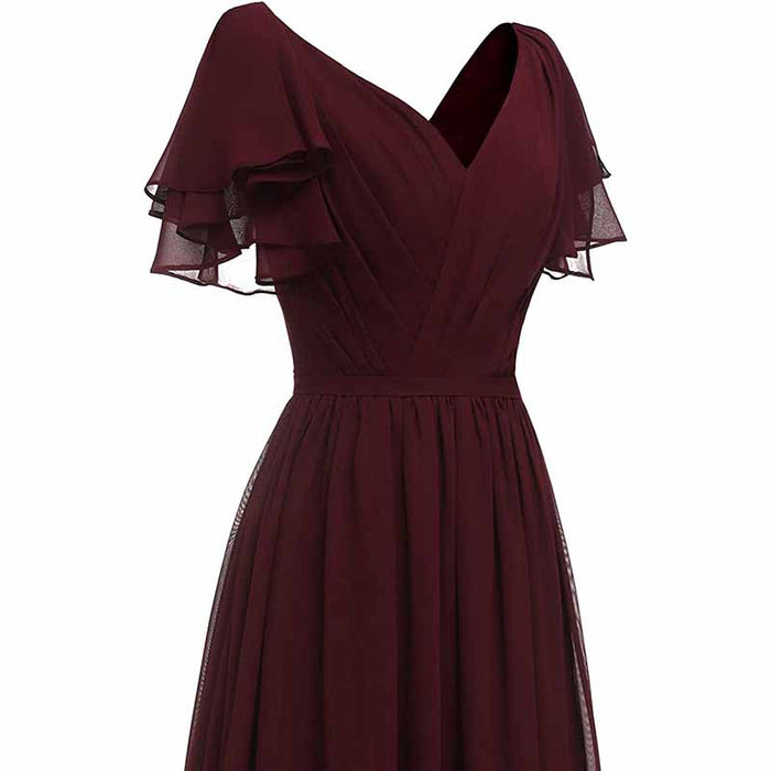 Women Ruffle Sleeves Bridesmaid Dress Chiffon Long Formal Wedding Evening Gowns