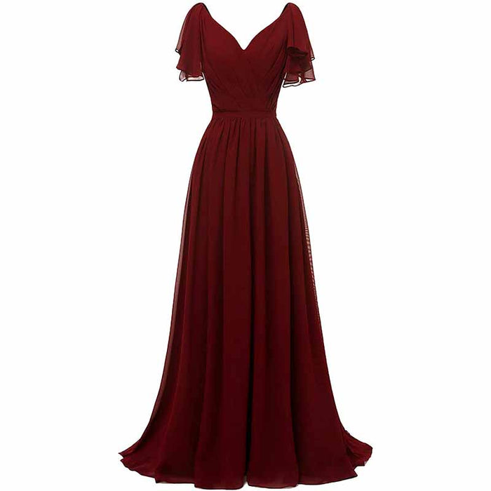 Women Ruffle Sleeves Bridesmaid Dress Chiffon Long Formal Wedding Evening Gowns