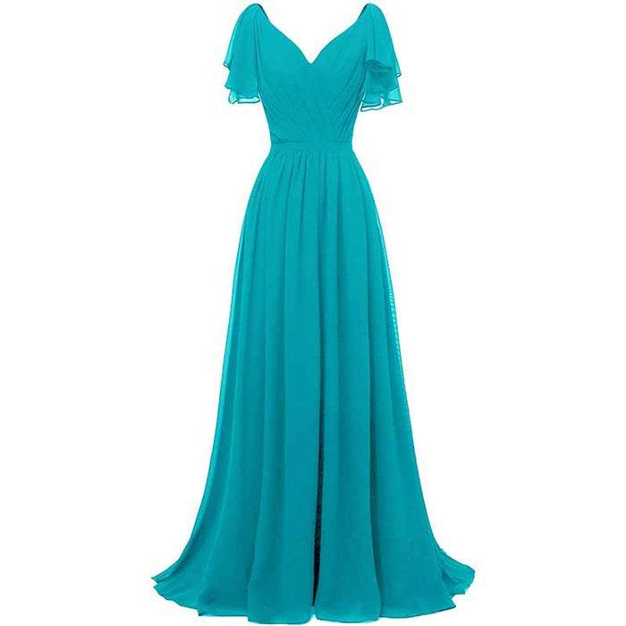 Women Ruffle Sleeves Bridesmaid Dress Chiffon Long Formal Wedding Evening Gowns