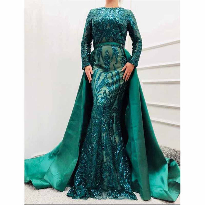 Women Satin Mermaid Prom Evening Party Dress Gown Detachable Train