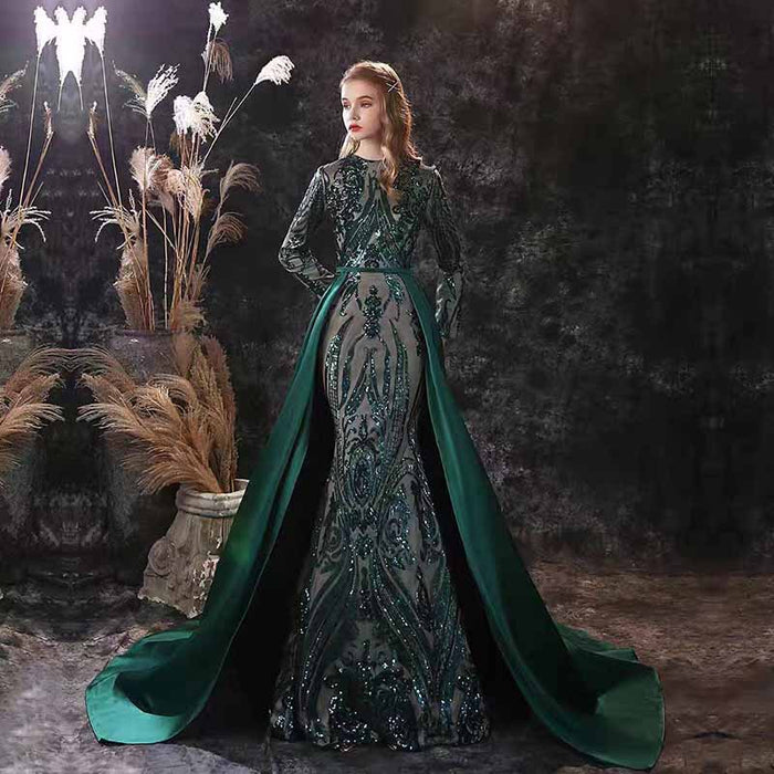 Women Satin Mermaid Prom Evening Party Dress Gown Detachable Train