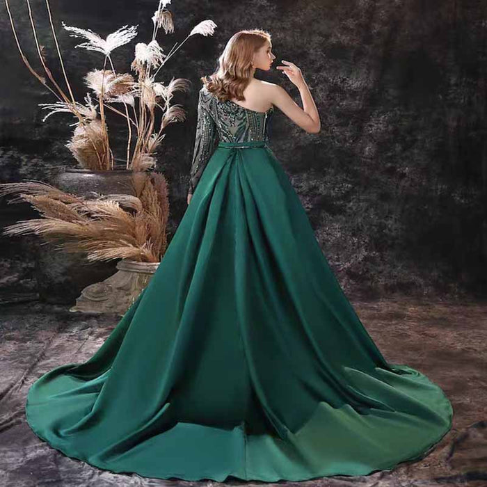 Women Satin Mermaid Prom Evening Party Dress Gown Detachable Train