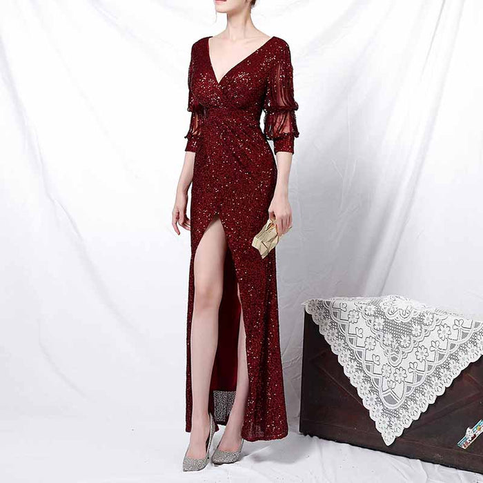 Women Sequin Evening Dress Long Sleeve Side Split Evening Gowns S-4XL