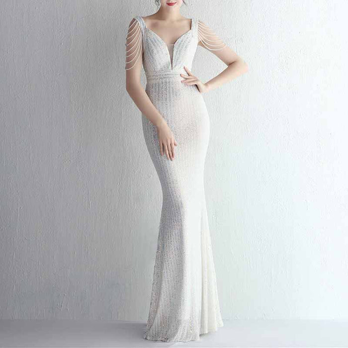 Women Sequin Fishtail V Neck Maxi Bodycon Dress with Tassel Sleeves
