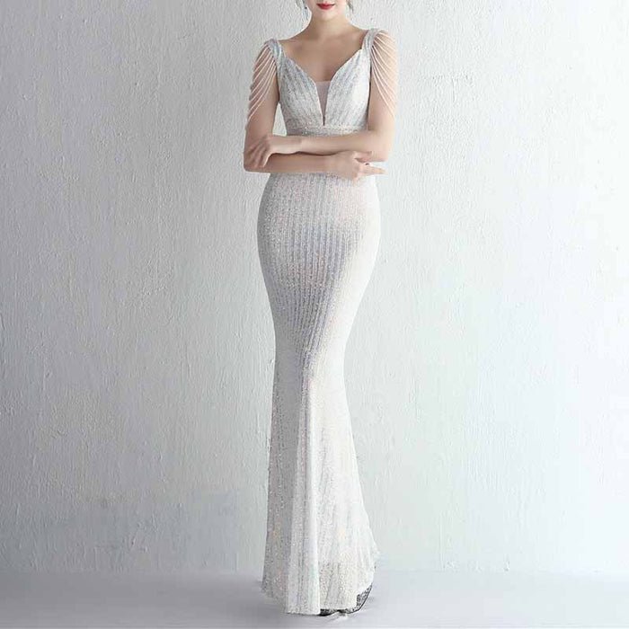 Women Sequin Fishtail V Neck Maxi Bodycon Dress with Tassel Sleeves