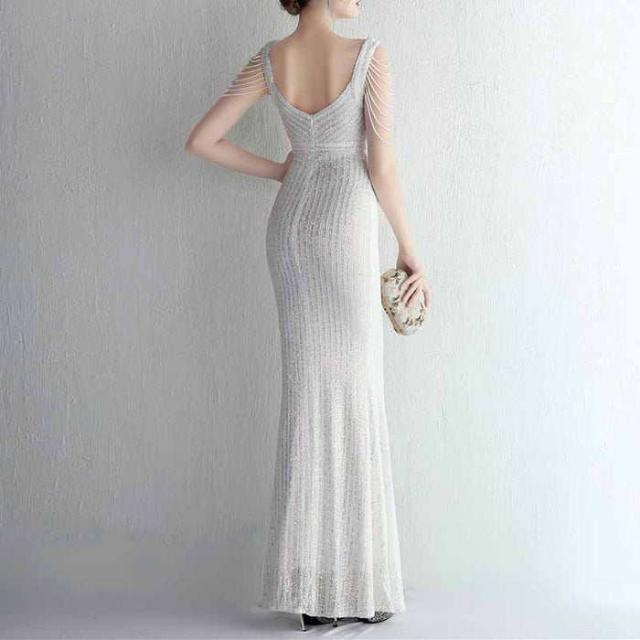 Women Sequin Fishtail V Neck Maxi Bodycon Dress with Tassel Sleeves