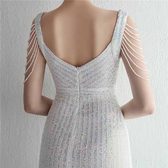 Women Sequin Fishtail V Neck Maxi Bodycon Dress with Tassel Sleeves