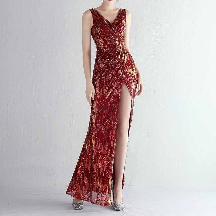 Women Sequin Party Dress V-Neck High Slit Dress Formal Evening Gowns S-4XL