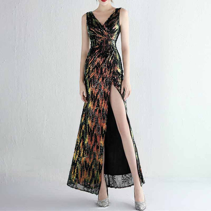Women Sequin Party Dress V-Neck High Slit Dress Formal Evening Gowns S-4XL