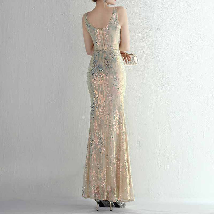 Women Sequin Party Dress V-Neck High Slit Dress Formal Evening Gowns S-4XL