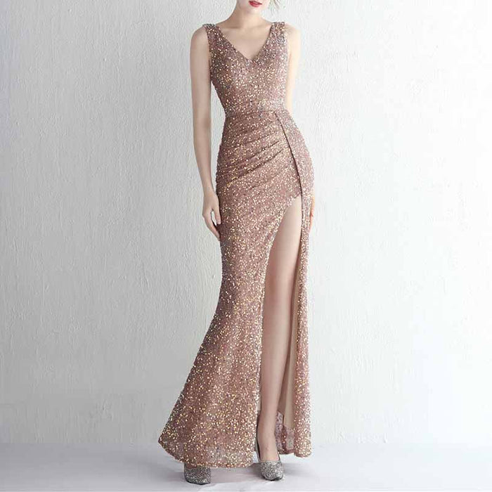 Women Sequin Party Dress V-Neck Sphagetti Strap Formal Evening Gowns S-4XL