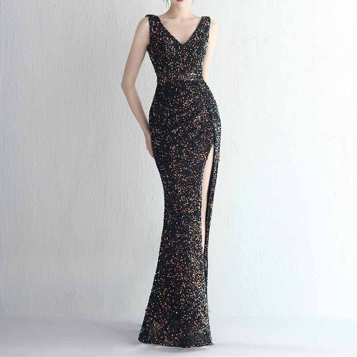 Women Sequin Party Dress V-Neck Sphagetti Strap Formal Evening Gowns S-4XL