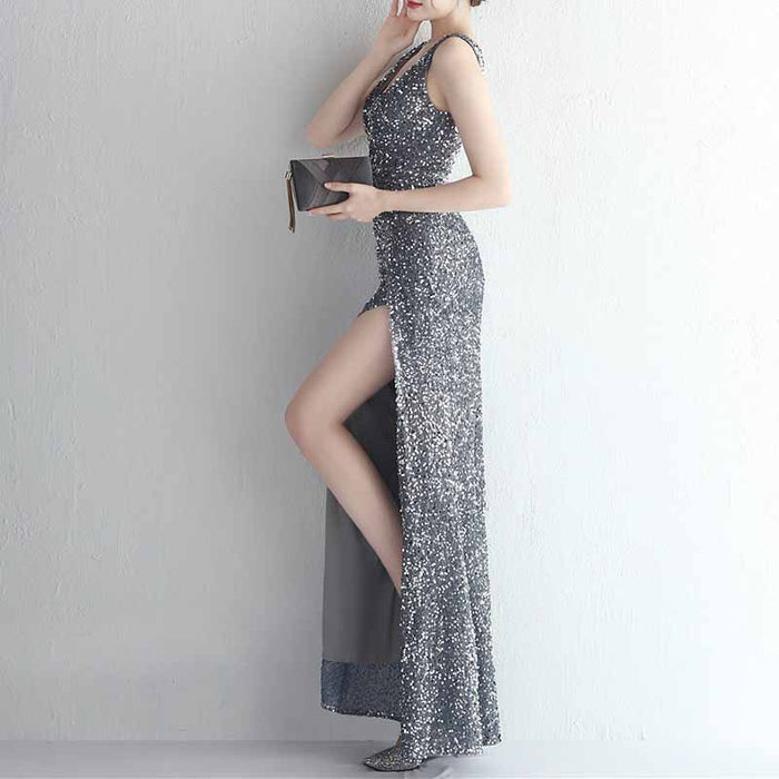 Women Sequin Party Dress V-Neck Sphagetti Strap Formal Evening Gowns S-4XL
